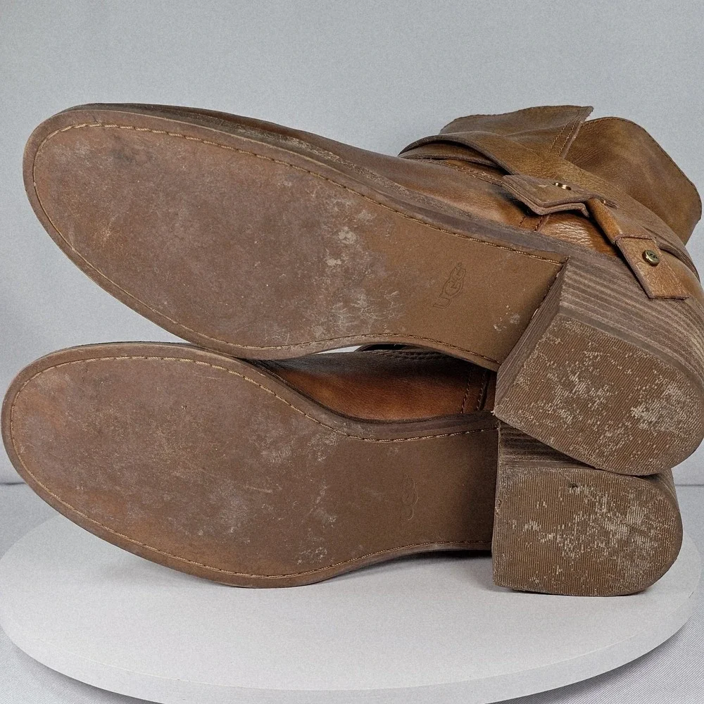 UGG Elora Chestnut Camel Leather Strappy Riding Ankle Boots Women's Sz 10‎